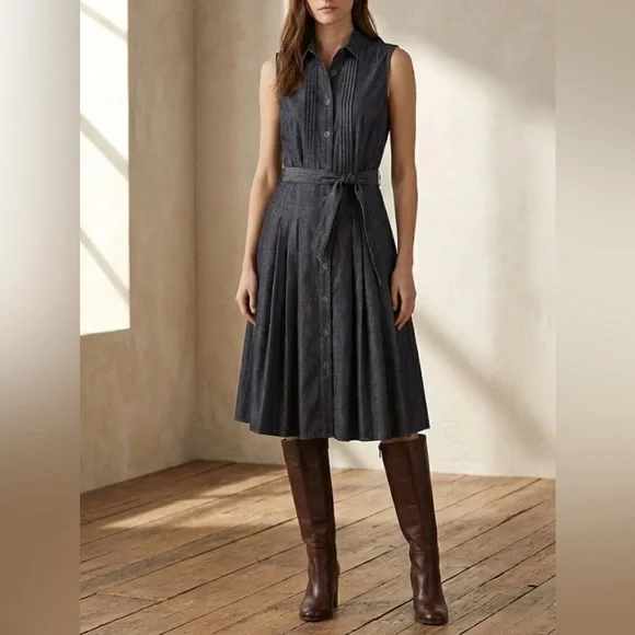 Boden denim dress Midi Pleated Button Down Dark Wash Belted sizes 14L NWOT - Picture 2 of 9